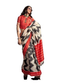 Traditional Cotton Saree Having White And Black Zig Zag Style Stripes With Red Silk Border Plus Contrast Unstitched Blouse