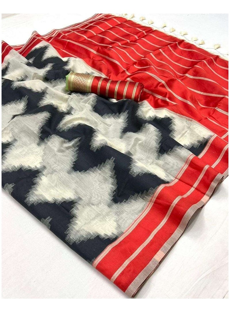 Grab Mantra - Traditional Cotton Saree Having White And Black Zig Zag Style Stripes With Red Silk Border Plus Contrast Unstitched Blouse - Image 1