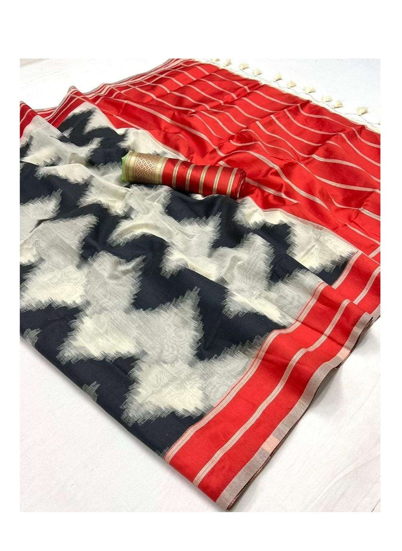 Grab Mantra - Traditional Cotton Saree Having White And Black Zig Zag Style Stripes With Red Silk Border Plus Contrast Unstitched Blouse - Image 1