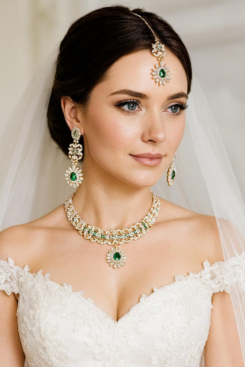 Touchstone Indian jewelry sets for women wedding gold kundan necklace traditional earrings tikka bollywood party style white green crystal rhinestone guest gift bridal costume prom dainty accessories - Image 2