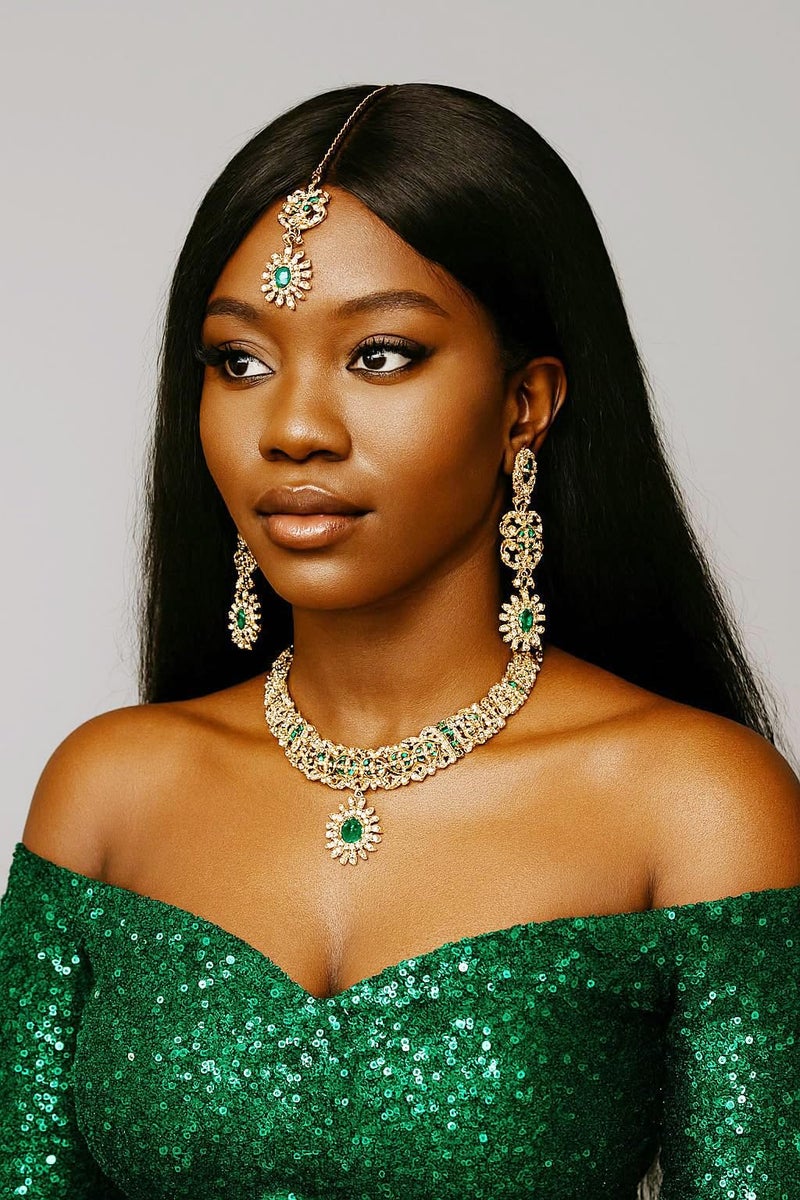 Touchstone Indian jewelry sets for women wedding gold kundan necklace traditional earrings tikka bollywood party style white green crystal rhinestone guest gift bridal costume prom dainty accessories - Image 3