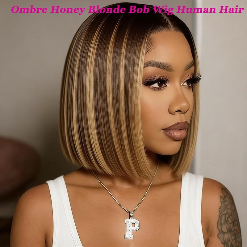 Superfect Ombre Honey Blonde Bob Wig Human Hair Highlight 13x4 Hd Lace Front Wigs Human Hair Pre Plucked 14 Inch Middle Part 4/27 Colored Glueless Lace Frontal Wigs(14 Inch, 4/27 Highlight) - Image 3