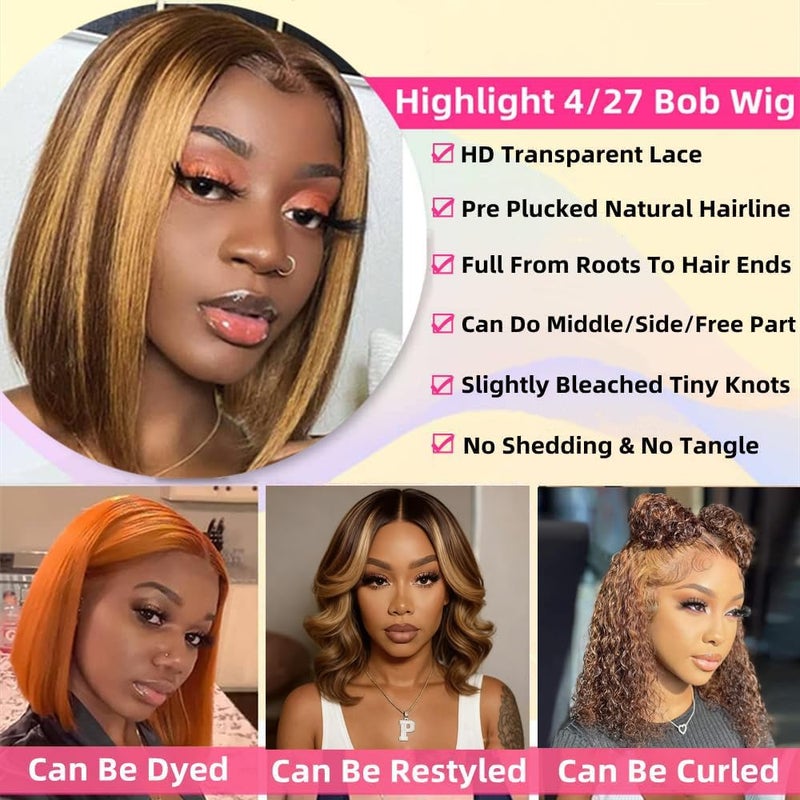 Superfect Ombre Honey Blonde Bob Wig Human Hair Highlight 13x4 Hd Lace Front Wigs Human Hair Pre Plucked 14 Inch Middle Part 4/27 Colored Glueless Lace Frontal Wigs(14 Inch, 4/27 Highlight) - Image 5