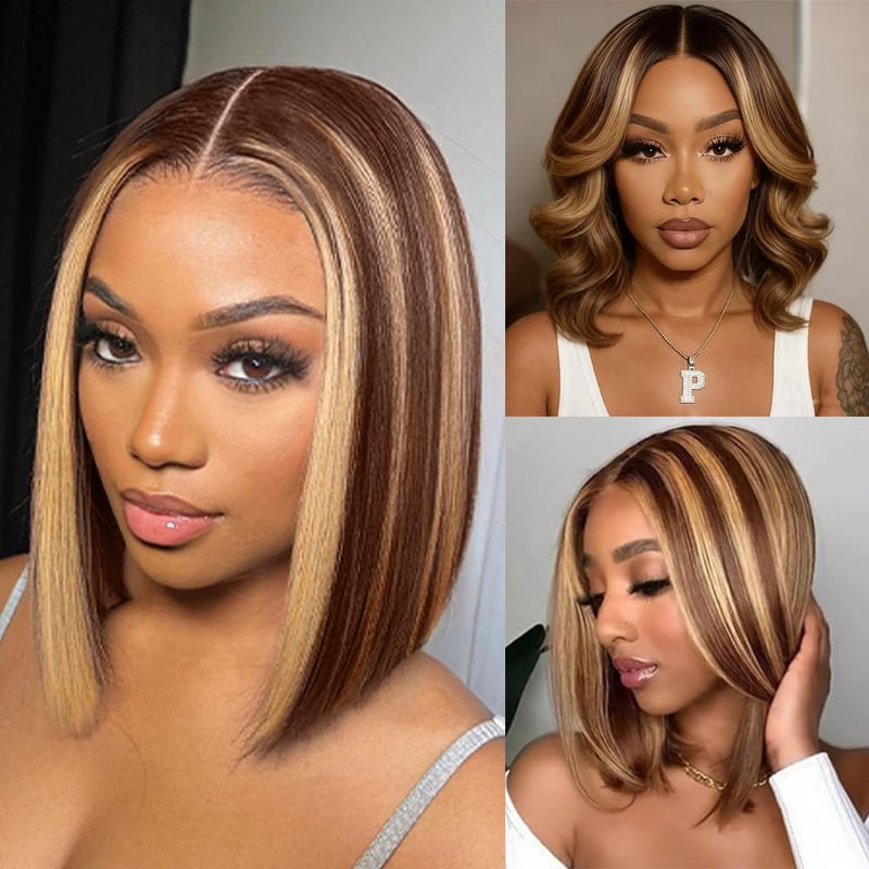 Superfect Ombre Honey Blonde Bob Wig Human Hair Highlight 13x4 Hd Lace Front Wigs Human Hair Pre Plucked 14 Inch Middle Part 4/27 Colored Glueless Lace Frontal Wigs(14 Inch, 4/27 Highlight) - Image 4