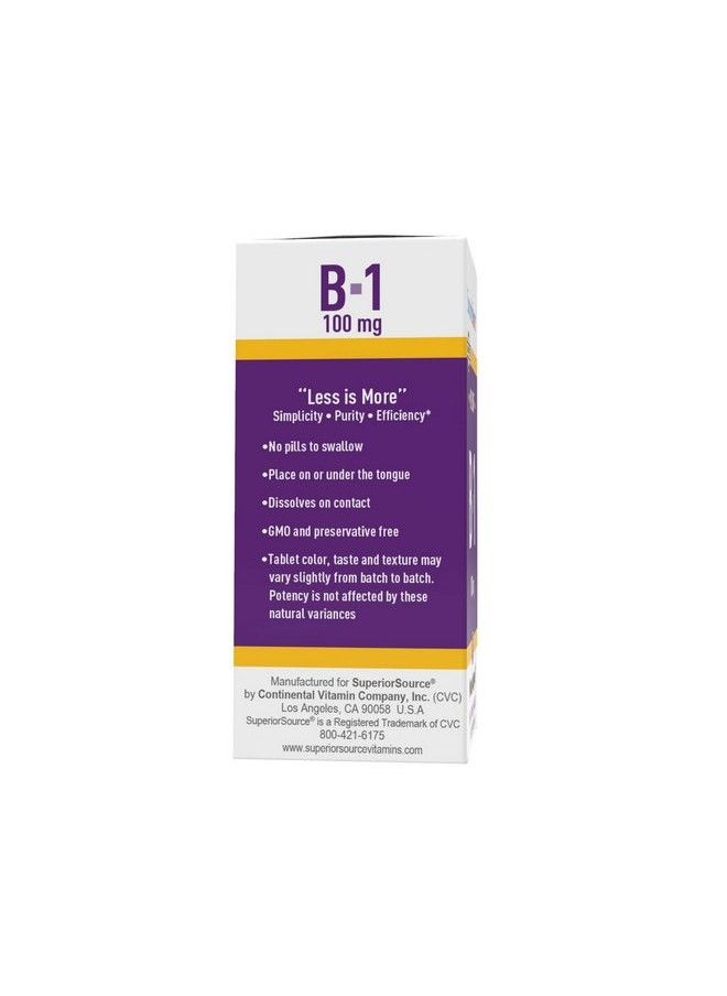 Superior Source - Vitamin B1 (Thiamin) 100 Mg Under The Tongue Quick Dissolve Sublingual Tablets 100 Count Increased Metabolism And Energy Production Nervous System Support Nongmo - Image 1