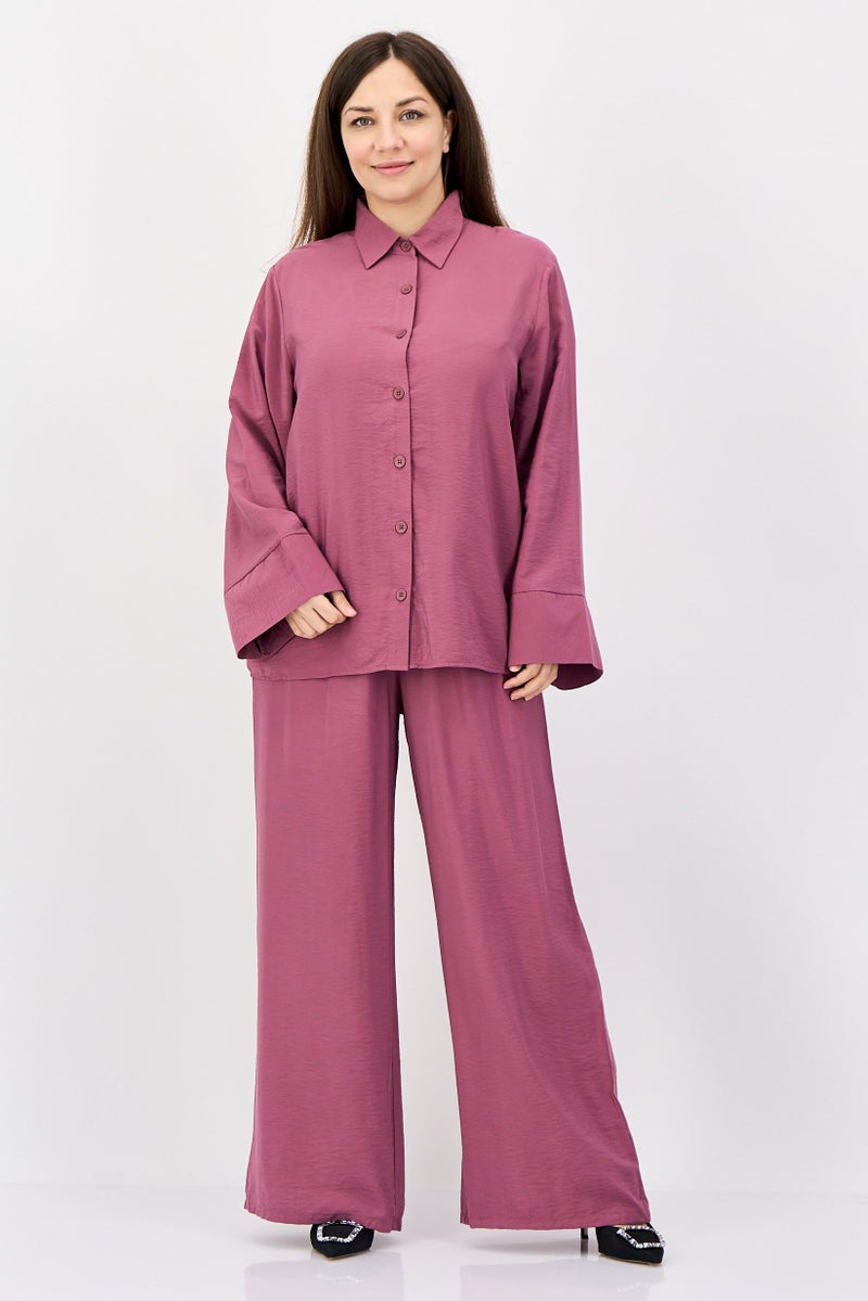 bebe Women 2 Pcs Long Sleeve Shirt And Wide Leg Pants Set, Old Rose - Image 1