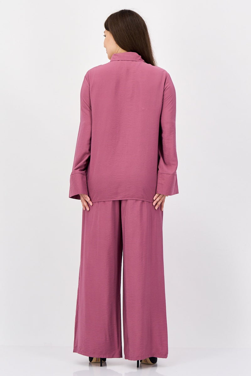 bebe Women 2 Pcs Long Sleeve Shirt And Wide Leg Pants Set, Old Rose - Image 4