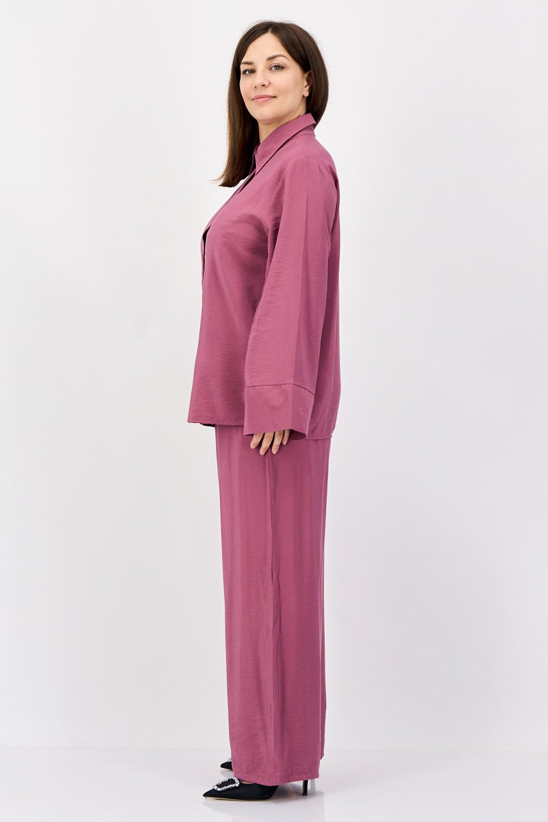 bebe Women 2 Pcs Long Sleeve Shirt And Wide Leg Pants Set, Old Rose - Image 3