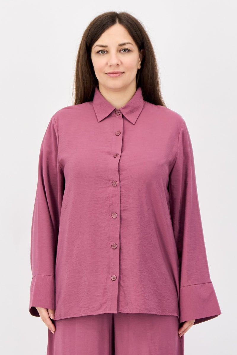 bebe Women 2 Pcs Long Sleeve Shirt And Wide Leg Pants Set, Old Rose - Image 2