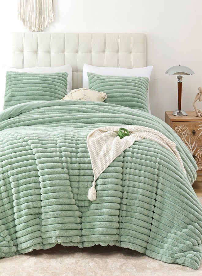 Smoofy Fluffy Full Size Comforter Sets 3 Pieces - Sage Green Fleece Fluffy Comforter Set, Luxury Fuzzy Full Bed Set, Soft Comforter Full Size All Season, Heavy Faux Fur Comforter with 2 Pillow Cases - Image 1