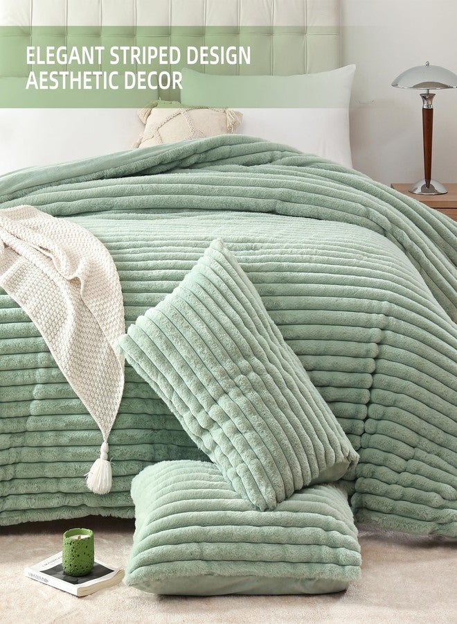 Smoofy Fluffy Full Size Comforter Sets 3 Pieces - Sage Green Fleece Fluffy Comforter Set, Luxury Fuzzy Full Bed Set, Soft Comforter Full Size All Season, Heavy Faux Fur Comforter with 2 Pillow Cases - Image 3