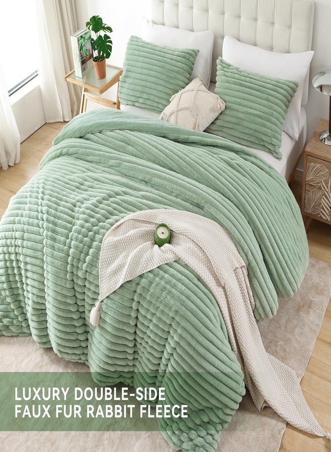 Smoofy Fluffy Full Size Comforter Sets 3 Pieces - Sage Green Fleece Fluffy Comforter Set, Luxury Fuzzy Full Bed Set, Soft Comforter Full Size All Season, Heavy Faux Fur Comforter with 2 Pillow Cases - Image 4