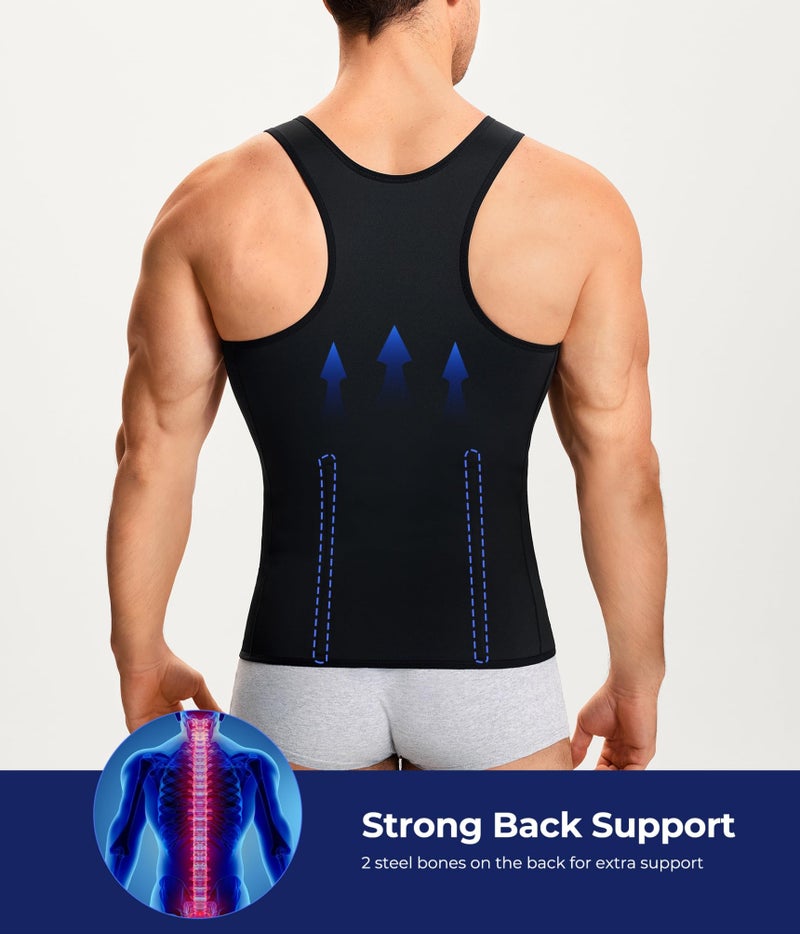 TAILONG Men Body Shaper Compression Shirt Underwear Moobs Chest Binder Tummy Slimming Tank Top Vest (4XL, Black) - Image 3
