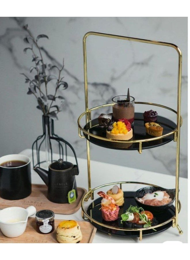 ناما استاند  2 دور معدن مدور متعدد الاغراض ممكن للتقديم او للتسريحة دهبى و معاة 2 طبق بورسلين ابيض مقاس 25 سم