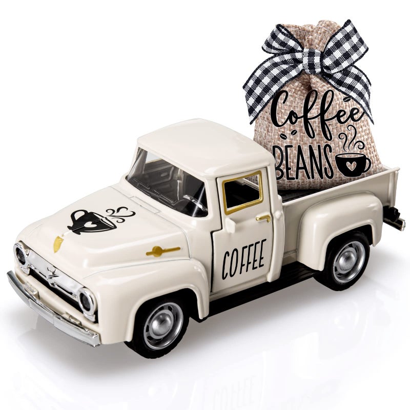 Huray Rayho Huray Rayho Coffee Decor for Coffee Bar Metal Truck with Coffee Beans Burlap Sack Vintage Pickup Farmhouse Coffee Station Tabletop Tiered Tray Decor Mini Diecast Truck Decorations 