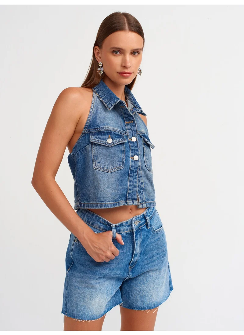 Dilvin 71514 Medium Length Denim Shorts with Cut Legs-Blue