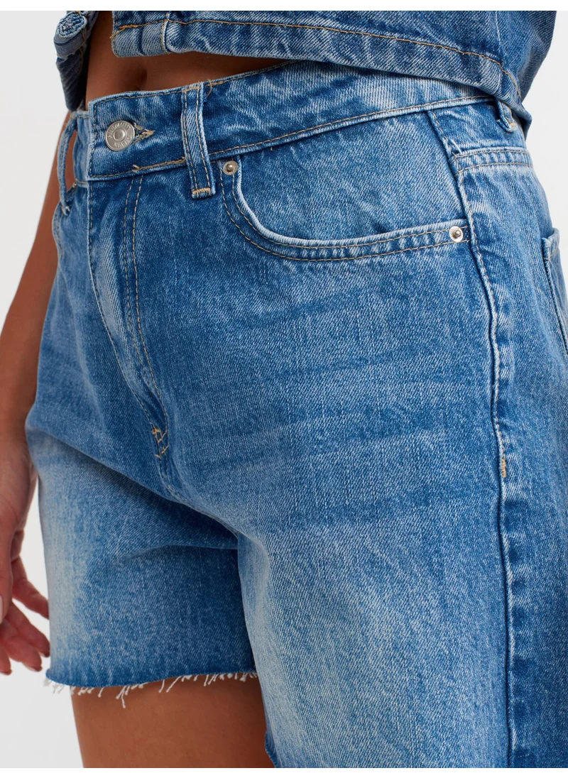 Dilvin 71514 Medium Length Denim Shorts with Cut Legs-Blue