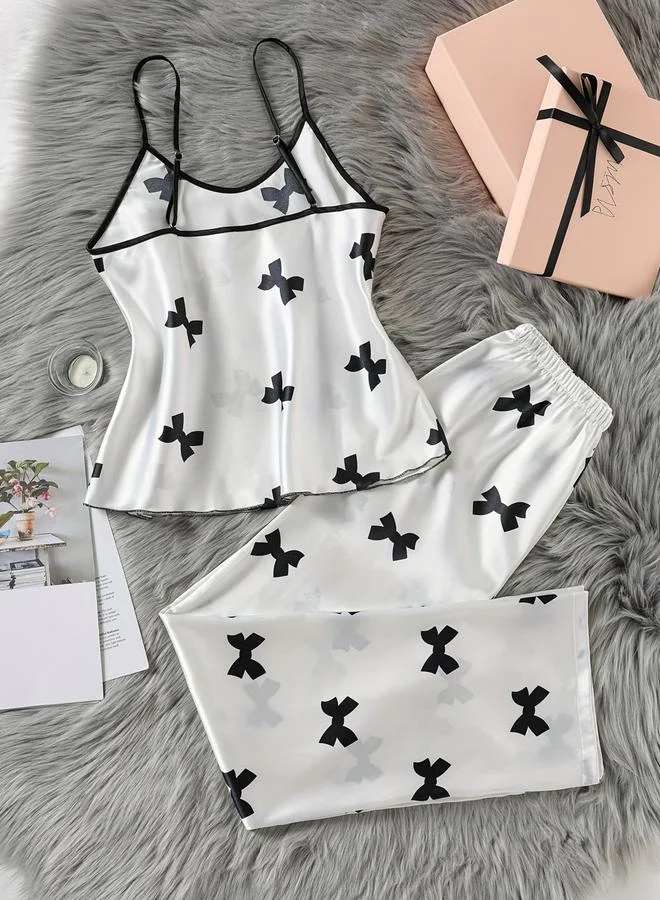 Take Two White Satin Bow Print Cami and Pyjama Set