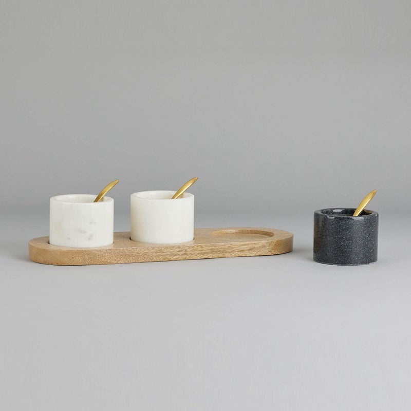 Stone Essential White and Black Marble Bowl / Jar Set (Set of 3) with Wooden Tray and Brass Spoon for Condiment, Pickle Serving and Gift - Image 2