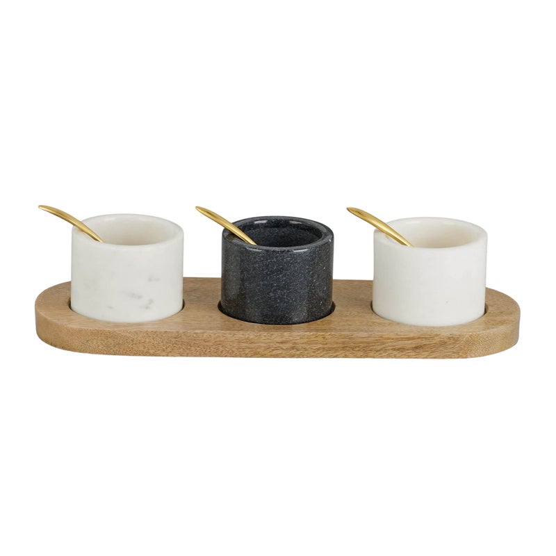 Stone Essential White and Black Marble Bowl / Jar Set (Set of 3) with Wooden Tray and Brass Spoon for Condiment, Pickle Serving and Gift - Image 1