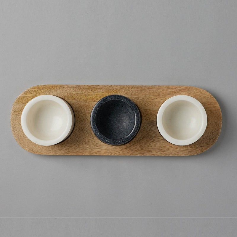 Stone Essential White and Black Marble Bowl / Jar Set (Set of 3) with Wooden Tray and Brass Spoon for Condiment, Pickle Serving and Gift - Image 4