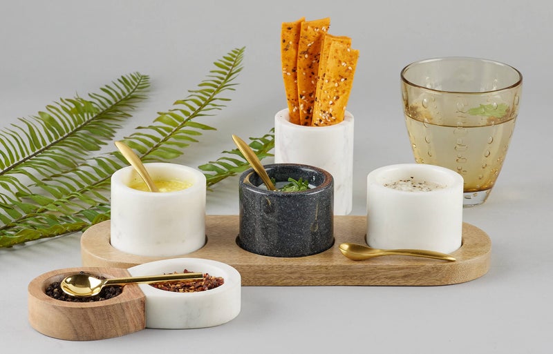 Stone Essential White and Black Marble Bowl / Jar Set (Set of 3) with Wooden Tray and Brass Spoon for Condiment, Pickle Serving and Gift - Image 5