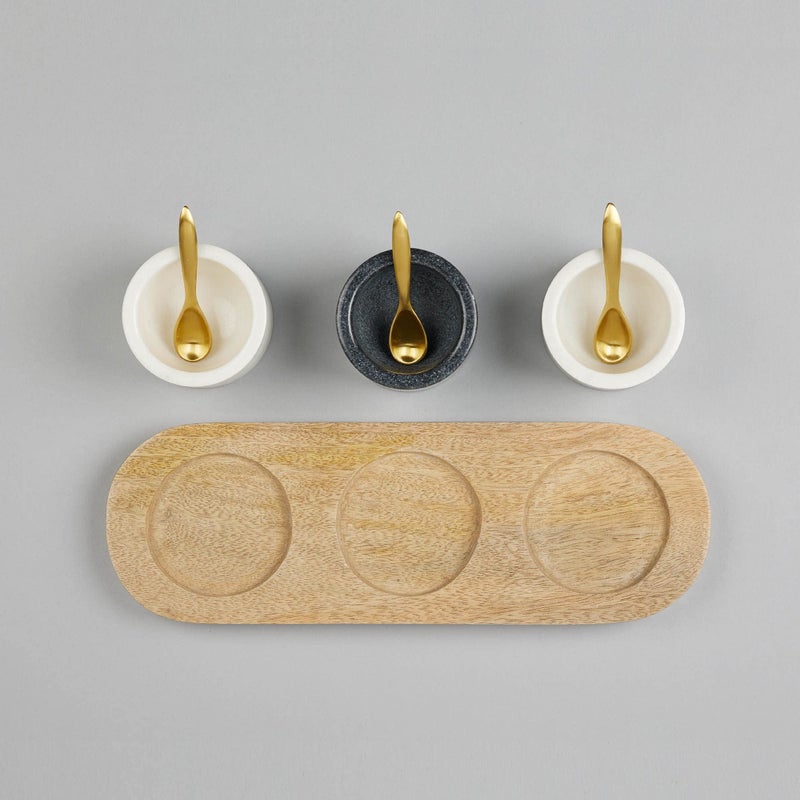Stone Essential White and Black Marble Bowl / Jar Set (Set of 3) with Wooden Tray and Brass Spoon for Condiment, Pickle Serving and Gift - Image 3