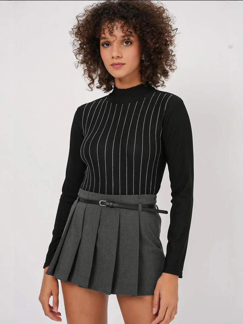 BIG DART BDART Striped Half Turtleneck Long Sleeve Top with Stone Detail