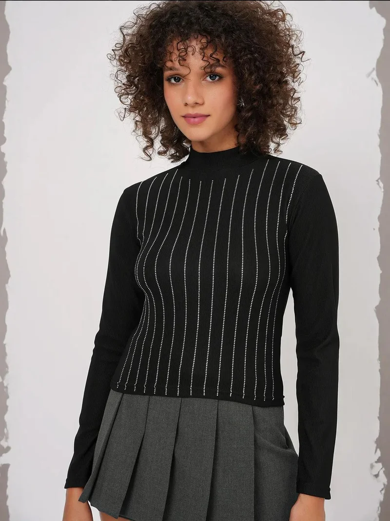 BIG DART BDART Striped Half Turtleneck Long Sleeve Top with Stone Detail