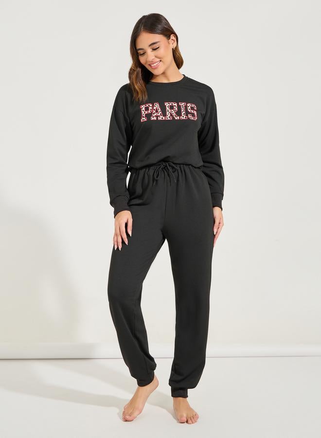 Styli Leopard Paris Slogan Sweatshirt & Jogger Lounge Set  - Image 4