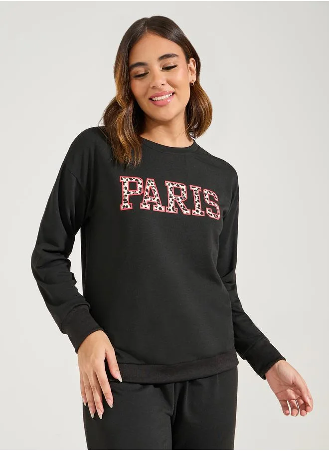 Styli Leopard Paris Slogan Sweatshirt & Jogger Lounge Set