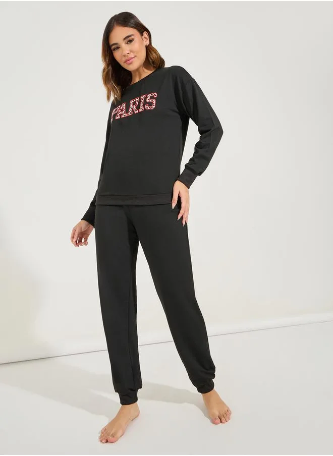 Styli Leopard Paris Slogan Sweatshirt & Jogger Lounge Set