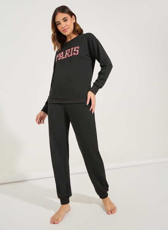 Styli Leopard Paris Slogan Sweatshirt & Jogger Lounge Set  - Image 1