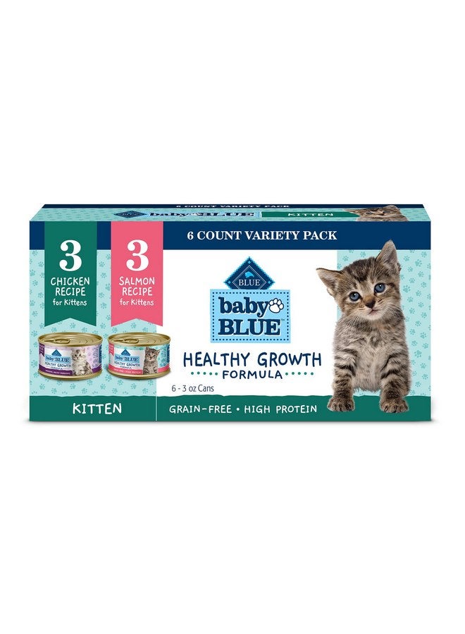 بلو بافلو طعام القطط الرطب Blue Buffalo Baby BLUE Natural Kitten، مجموعة متنوعة من باتيه، تركيبة نمو صحية مع حمض الدوكوساهيكسانويك، عالية البروتين وخالية من الحبوب، وصفات الدجاج والسلمون، علب بحجم 3 أونصات (6 عبوات، 3 عبوات من كل عبوة) - Image 1