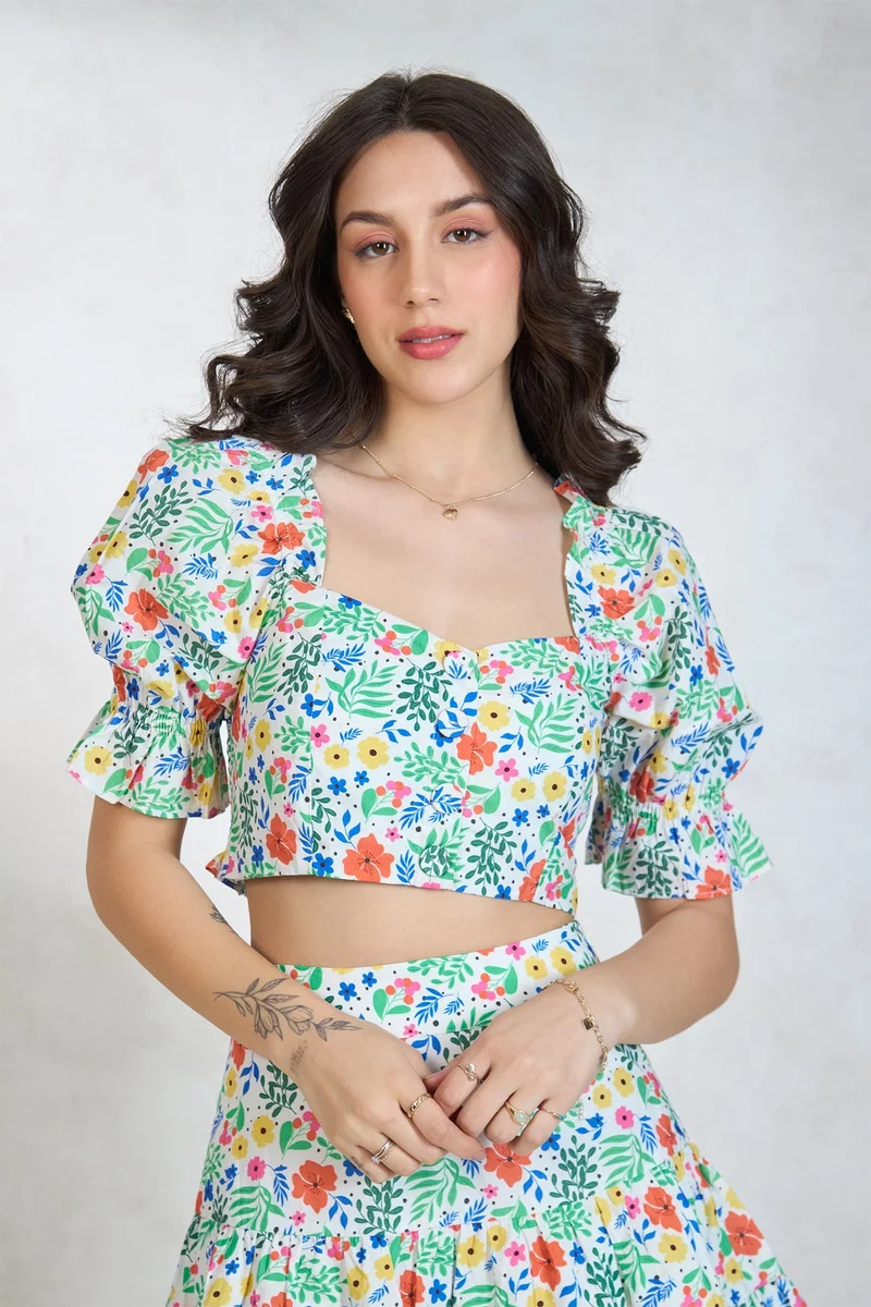 Virgio Floral Cotton Vibrant Floral Print Crop Top for Women