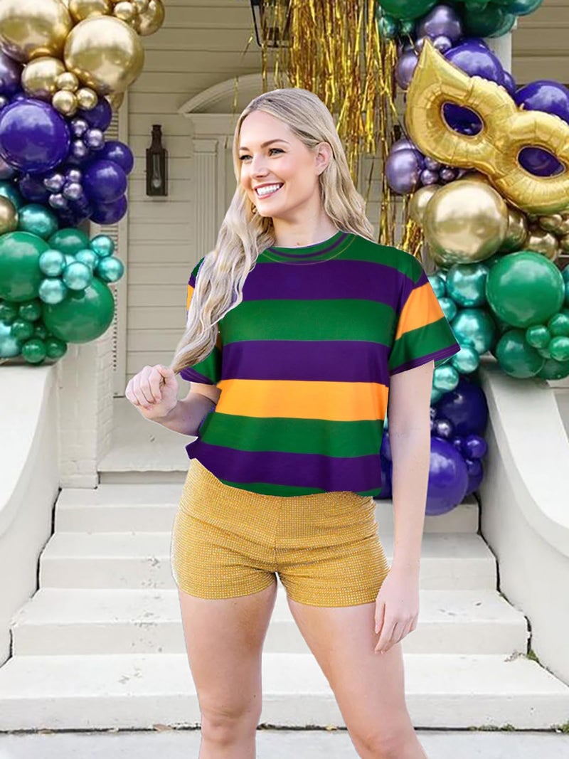 BEIDEFY Mardi Shirt for Women Stripes Fat Tuesday T-Shirt Short Sleeve New Orleans Carnival Party Tee Tops - Image 2