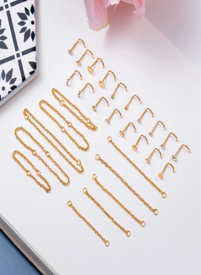 Masedy 20G Stainless Steel Nose Ring Stud Nose Ring Chain Piercing Across Double Nose Stud Heart Ball CZ Nose Studs Nostril Piercing Jewelry GS - Image 3