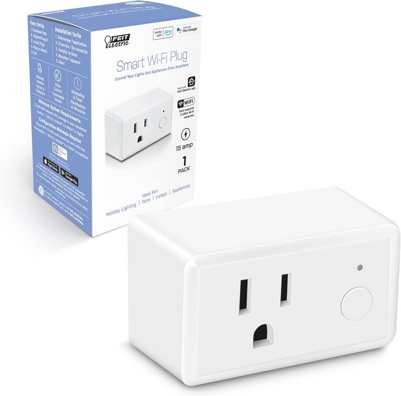 Feit Electric WiFi Work with Alexa and Google Home, Feit App, No hub required, Remote Control From Anywhere 15 Amp Smart Outlet Plug, Indoor, 120 volts, Plastic, White - Image 1