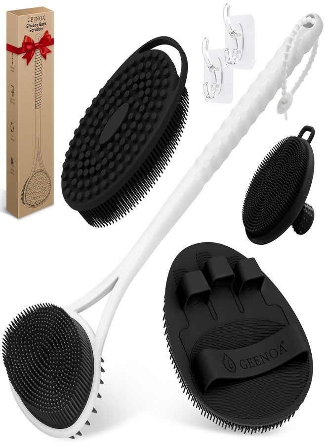 GEENOA Silicone Back Body Face Scrubbers Set 4PCS, 15.35’’ Back Scrubber Soft Body Scrubber for Dual-Side Usage, Easy-to-Hold Soft Bath Glove & Face Scrubber for Good Foaming Deep Cleaning(Black) - Image 1