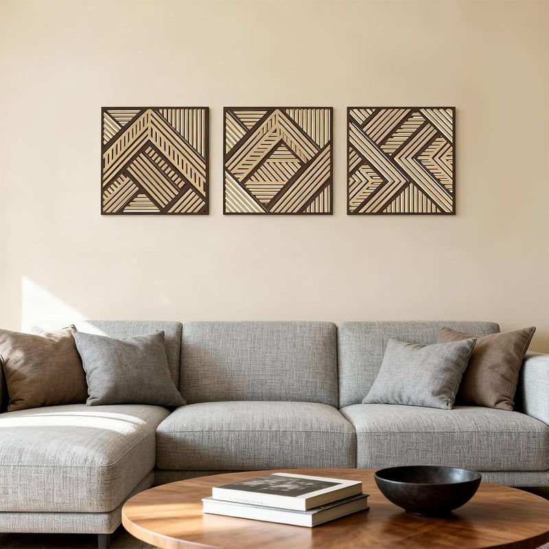 Tatuo Trendy budget practical design 3 Pcs Geometric Wood Wall Art, Modern Slatted Wood Design Wall Decor, Hanging Abstract Panels Wall Decor with 3D Hollow Craft Art for Home Office Kitchen Living Room Bathroom (Simple Geometry) Space saving design picks - Image 4