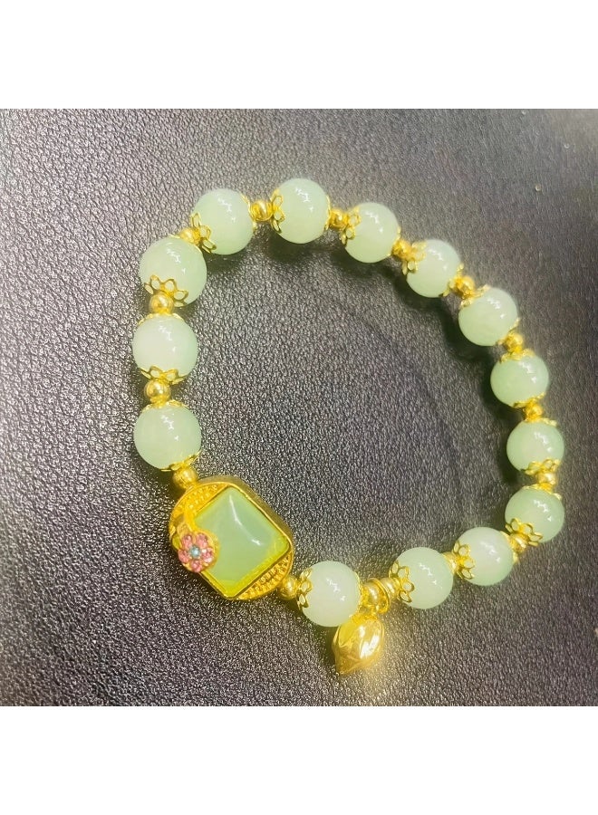 Goolsky Elegant Green Faux Jade Bead Bracelet with Golden for Lotus Charm - Sophisticated Ethnic Style, Ideal Holiday or Daily Wear Gift for Women  - Image 1