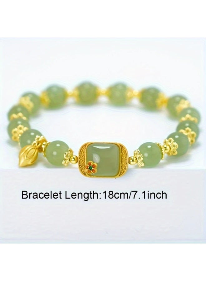 Goolsky Elegant Green Faux Jade Bead Bracelet with Golden for Lotus Charm - Sophisticated Ethnic Style, Ideal Holiday or Daily Wear Gift for Women  - Image 4
