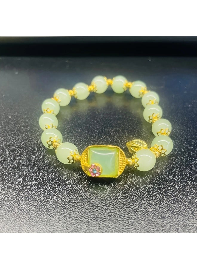 Goolsky Elegant Green Faux Jade Bead Bracelet with Golden for Lotus Charm - Sophisticated Ethnic Style, Ideal Holiday or Daily Wear Gift for Women  - Image 3