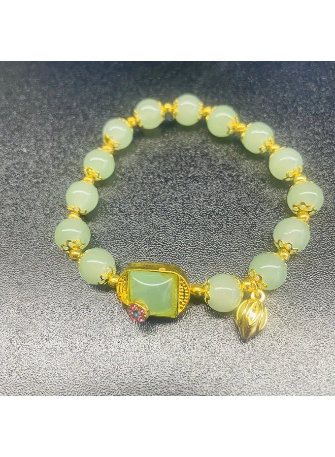 Goolsky Elegant Green Faux Jade Bead Bracelet with Golden for Lotus Charm - Sophisticated Ethnic Style, Ideal Holiday or Daily Wear Gift for Women  - Image 2