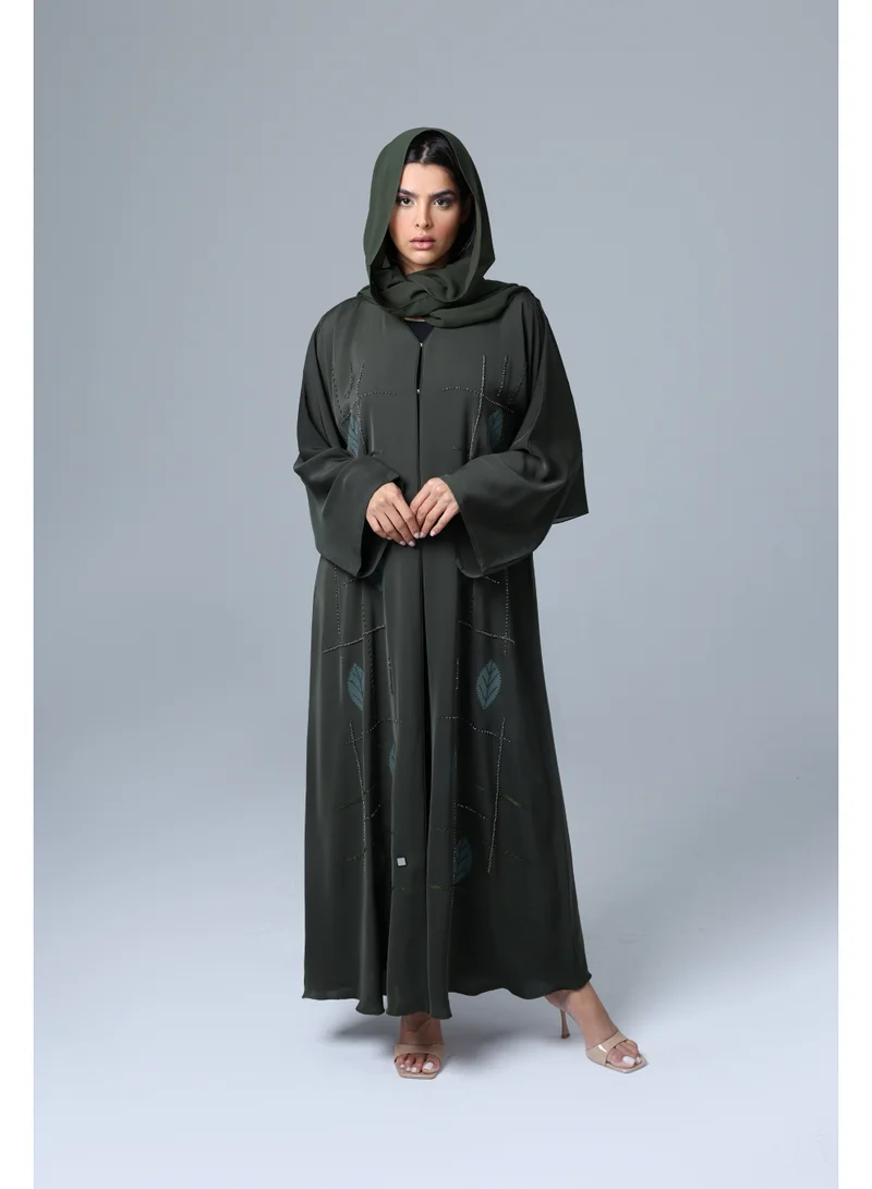 IKKXA Embroidery Design Leaves Colored Abaya Green