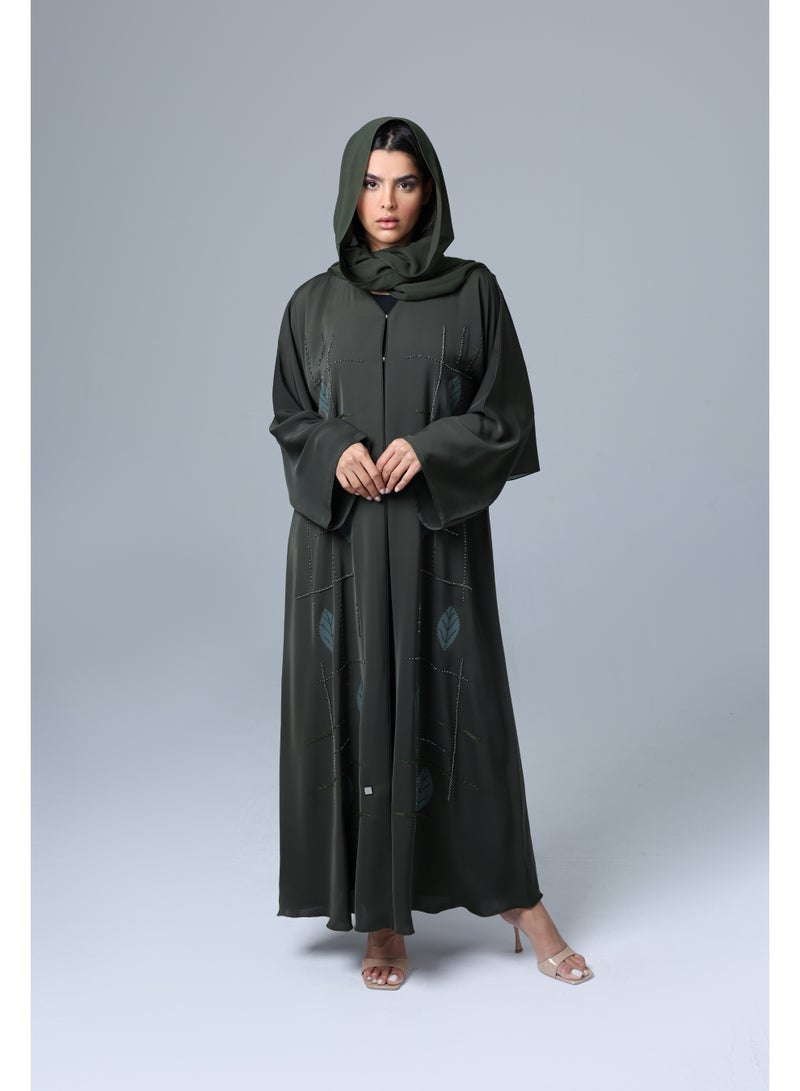 اكسا عباية مطرزة تصميم أوراق شجر ملونة اخضر - Image 1