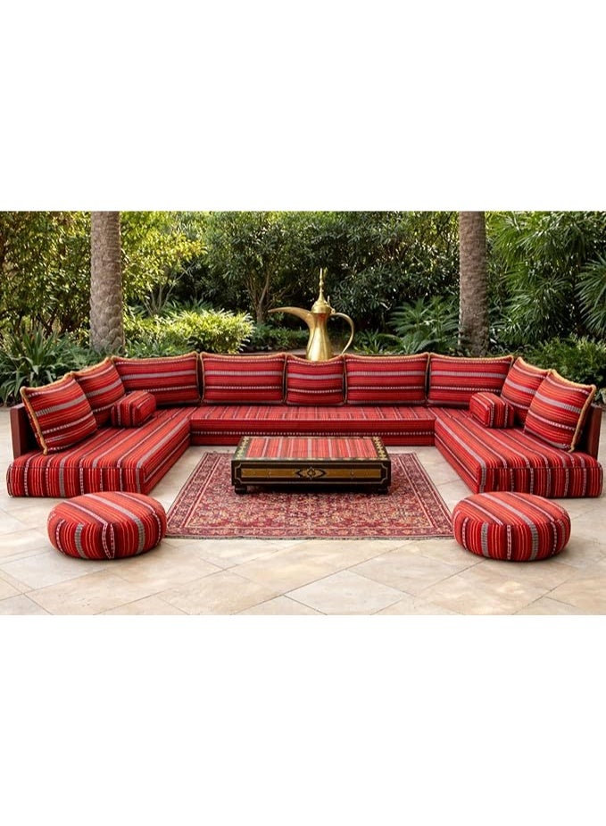 Xboat Arabic Majlis Floor Seating Set, Red Striped, U-Shaped, with Cushions and Ottoman, Indoor Outdoor Use - Image 2