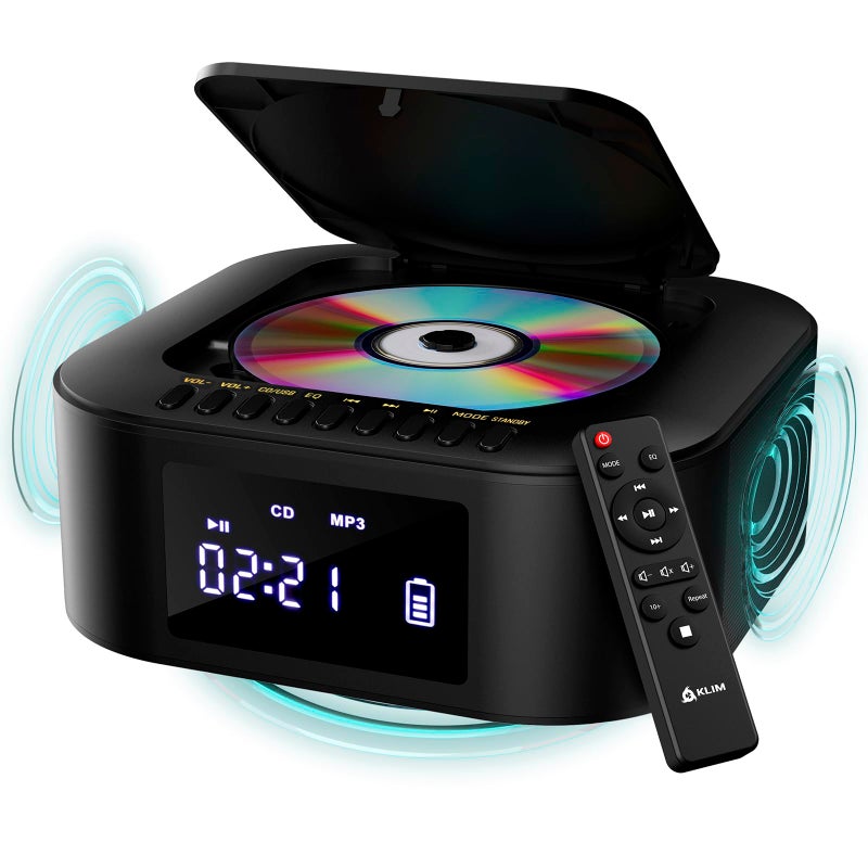 KLIM بومبوكس E1 - مشغل أقراص مضغوطة محمول مع مضخم صوت - باس إضافي، بلوتوث، راديو FM، USB، AUX، MP3 - بطارية قابلة للشحن، أوضاع سلكية ولاسلكية، جهاز تحكم عن بعد - أسود/ذهبي - Image 1