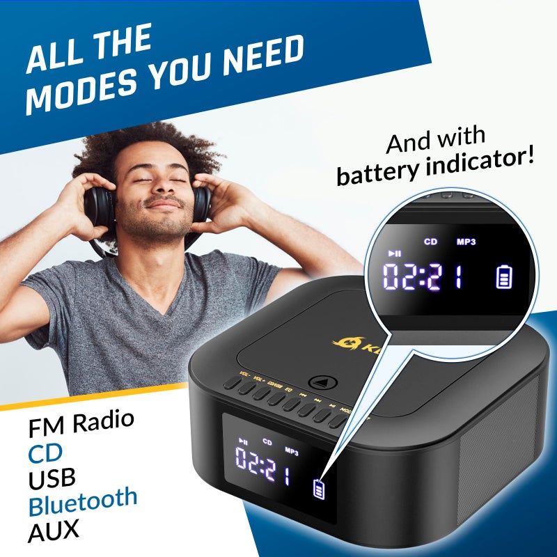 KLIM بومبوكس E1 - مشغل أقراص مضغوطة محمول مع مضخم صوت - باس إضافي، بلوتوث، راديو FM، USB، AUX، MP3 - بطارية قابلة للشحن، أوضاع سلكية ولاسلكية، جهاز تحكم عن بعد - أسود/ذهبي - Image 3