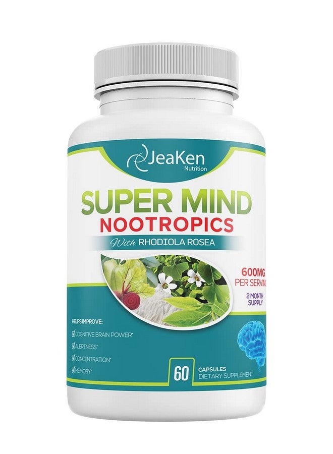 Super Mind Nootropics Cognitive Enhancer Brain Boost Supplement With Natural Ingredients Bacopa Monnieri Rhodiola Rosea Ginkgo Biloba Vitamin B1260 Vegan Capsules Made In Usa